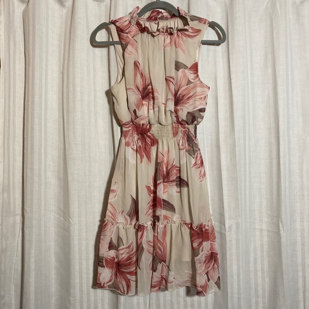 Coquette Pink Floral Chiffon Ruffle Neck Smocked Mini Dress 8P Kate and Lily